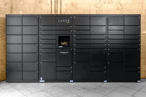 the lockers in the lobby of the building are black