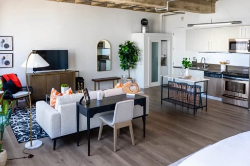 a living room with a couch and a table