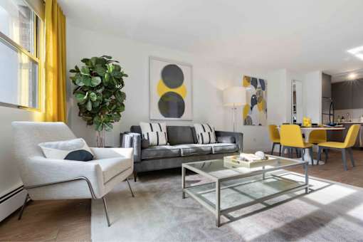 Sun-filled living room and dining nook