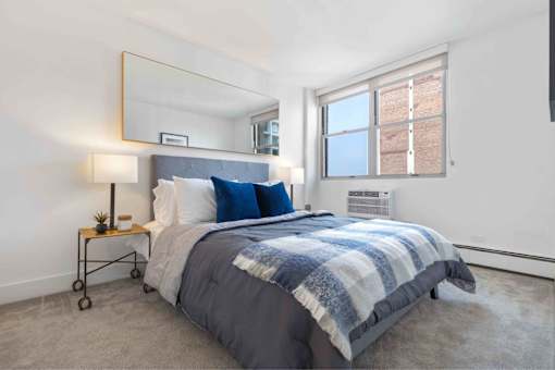 Bright bedroom with plush carpeting