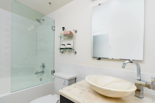 a bathroom with a sink and a mirror and a shower