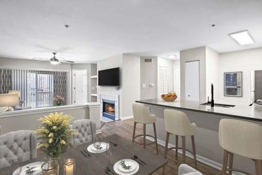 Modern kitchen with breakfast bar at The Crossings at Russett in Laurel, MD