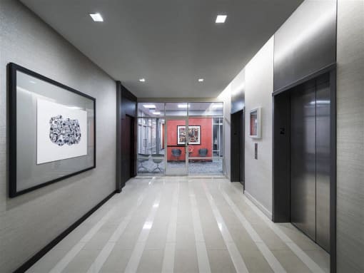 Elevator waiting area between our business and fitness center at Trillium Apartments, Fairfax, VA, 22031