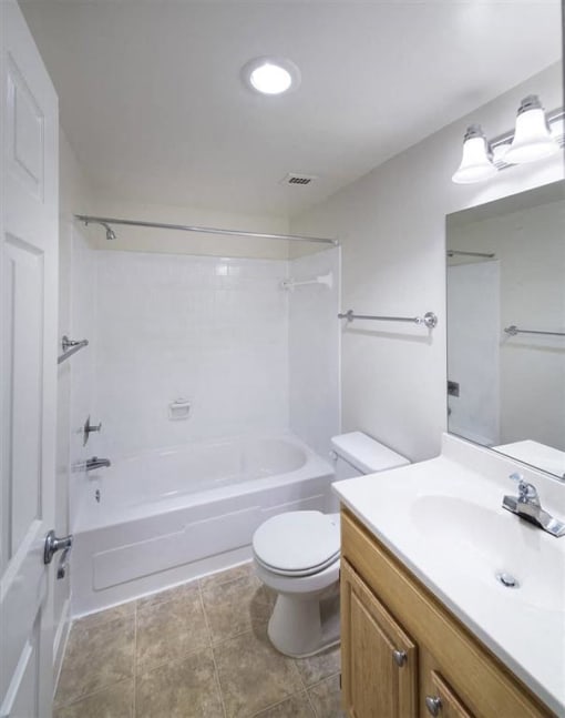 GOLD bright bathroom with a tub at Trillium Apartments, Virginia