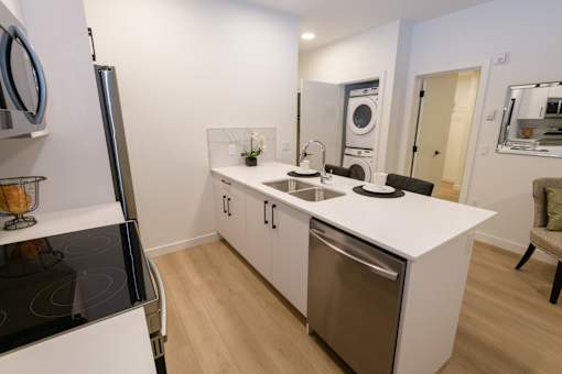 Douglas Place kitchen with full-size stainless steel appliances and in-suite laundry