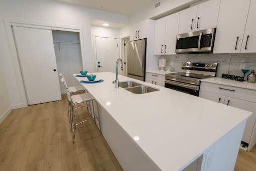 Douglas Place kitchen with quartz island, stainless steel appliances and open layout
