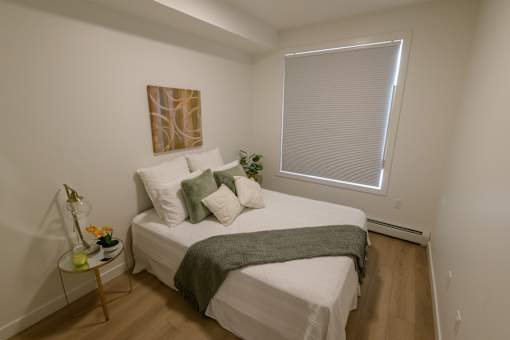 Douglas Place bedroom with modern furnishings and large window
