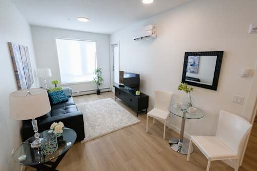 Bright living room at Douglas Place featuring large windows and modern finishes