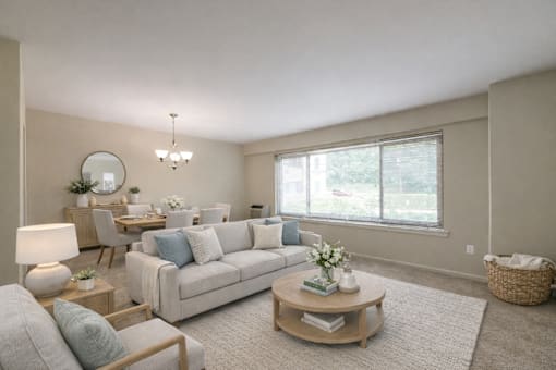 A well-lit living room with a white sofa, wooden coffee table, and a large window.