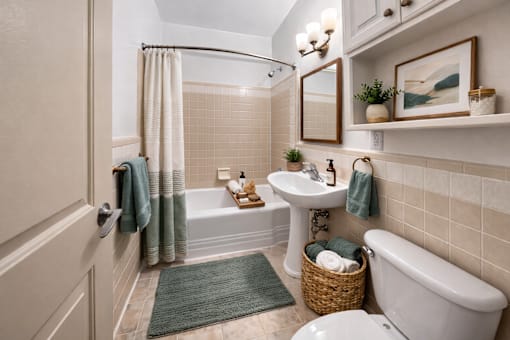 A bathroom with a white tub, sink, and toilet.