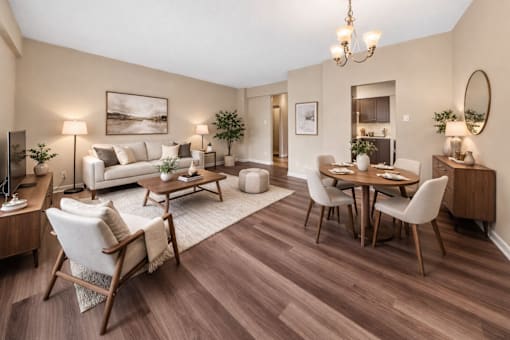 A well-lit, spacious living room with a dining area and a couch.