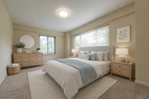 A bedroom with a bed, nightstands, and a round mirror on the wall.