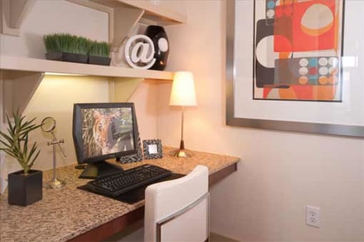 a desk with a computer monitor and a keyboard on it