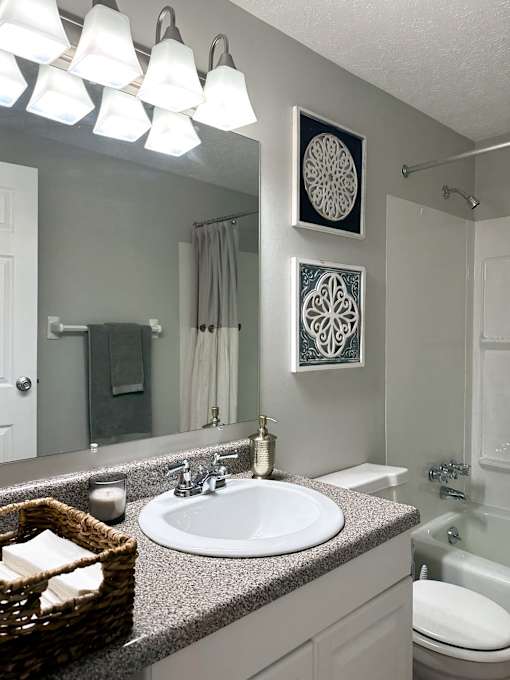 A bathroom with a white sink and a mirror above it.