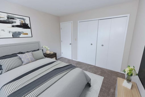 a bedroom with a bed and a closet