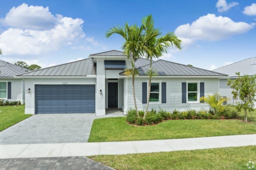 a white house with a palm tree in front of it