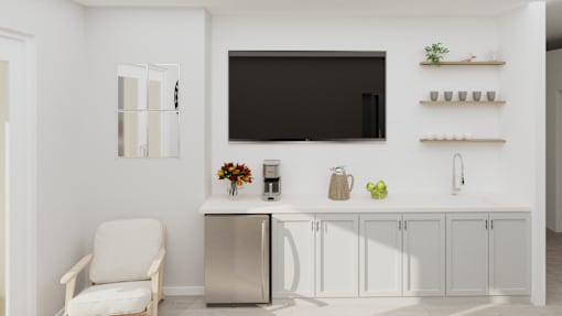 A white chair sits in front of a fridge and a television.