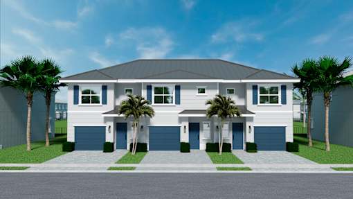 A modern house with a grey roof and white walls.