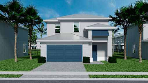 A modern two-story house with a garage and palm trees in front.