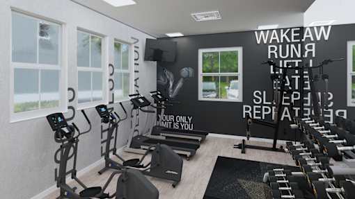 A gym with treadmills and elliptical machines.