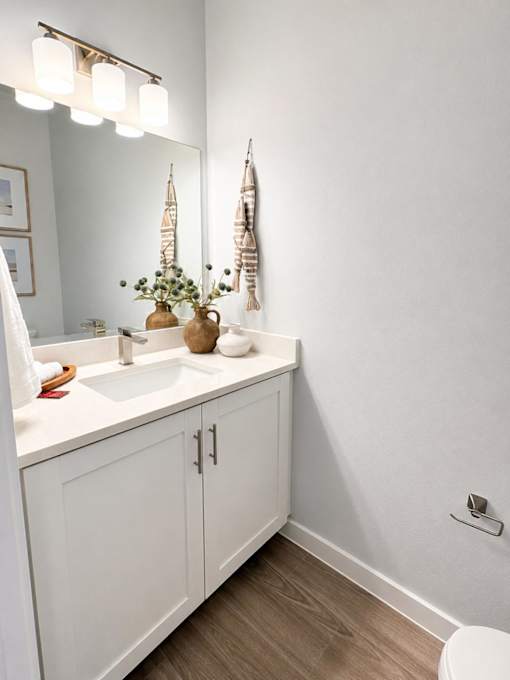 A white bathroom with a sink and a mirror.