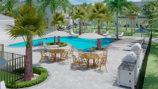 A pool surrounded by palm trees and chairs.