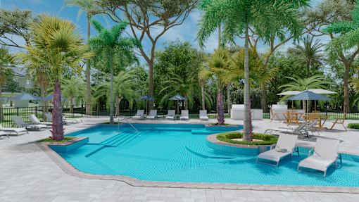 A pool surrounded by palm trees and lounge chairs.