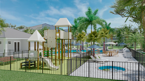 A playground with a slide, swings, and a climbing structure.