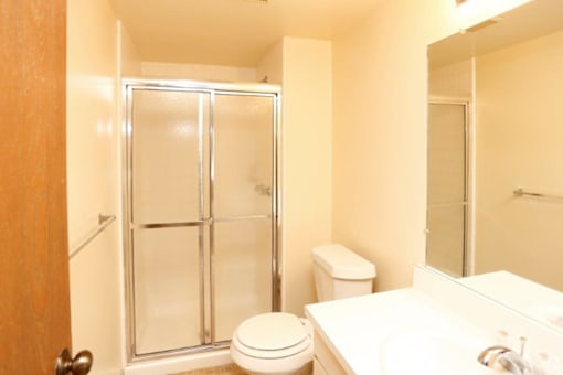 a bathroom with a shower and a sink and a toilet