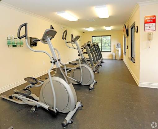 a gym with a row of exercise bikes
