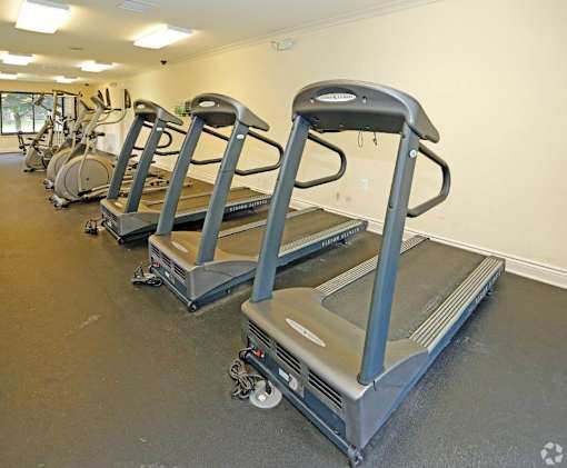 a group of exercise equipment in a gym