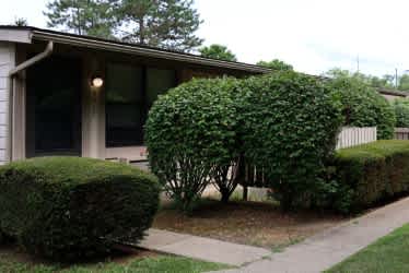 A house with a green hedge in front.