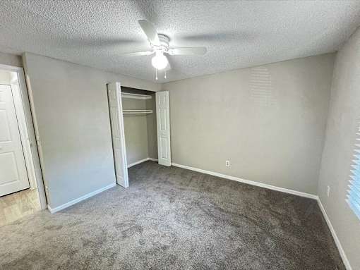 A room with a ceiling fan and carpeted floor