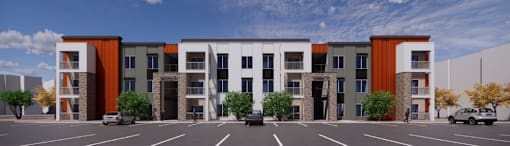 A room with a white door and a window showing a view of a residential area at Sonder Point 50+ Apartments, Brooklyn Center
