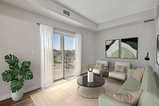 a living room with a couch and a coffee table and a balcony at EastGate Apartments, Minnesota, 55904