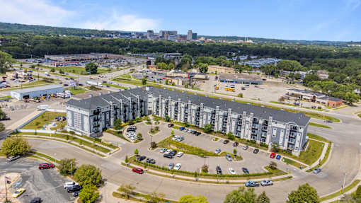 an aerial view of an apartment building in a parking lot at EastGate Apartments, Rochester, Minnesota
