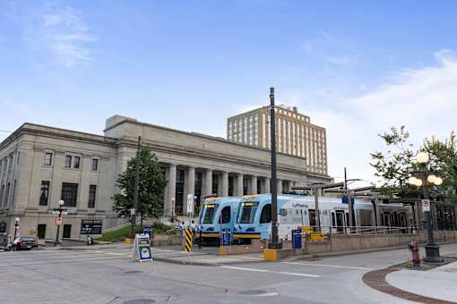 A city bus is parked at Parkside Apartments, St. Paul, 55101