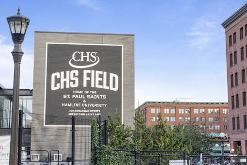 A large sign for CHS Field at Parkside Apartments, St. Paul, MN