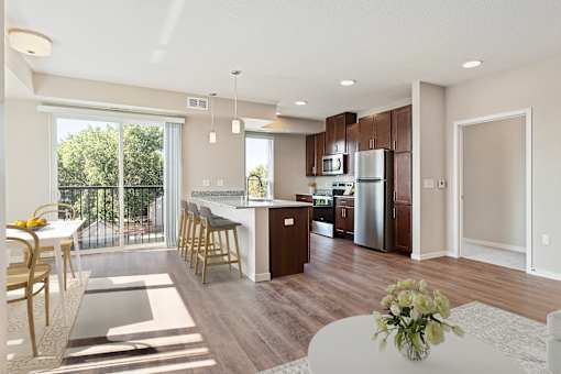 Living Room With Kitchen at The Quill 55+ Apartments, Minnesota