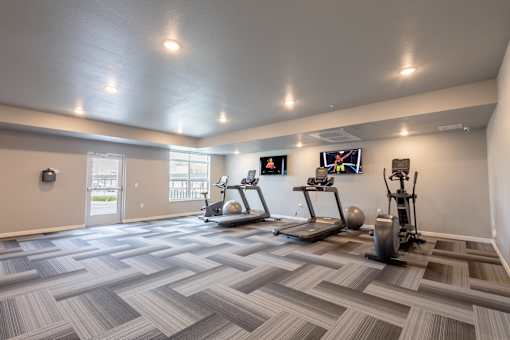 the retreat at thousand oaks fitness room with weights and cardio equipment at Technology Park Apartments, Minnesota, 55901