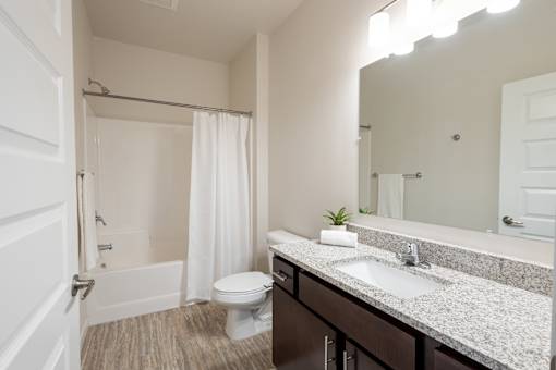 a bathroom with a sink toilet and shower and a mirror at Technology Park Apartments, Rochester, Minnesota