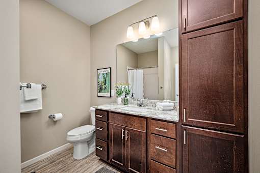 A bathroom with a toilet, sink, and mirror at The Winslow 62+ Apartments, West St Paul, Minnesota