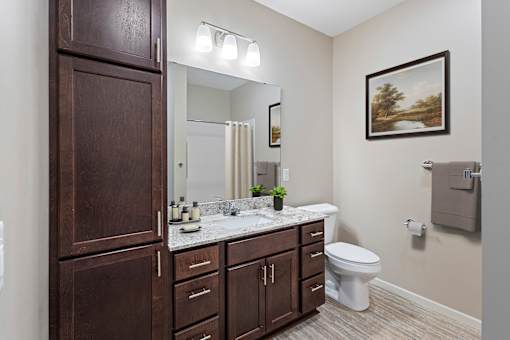 a bathroom with wooden cabinets and a toilet and a sink at The Winslow 62+ Apartments, West St Paul, 55118