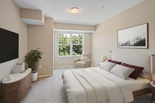 an image of a bedroom with a bed and a tv at The Winslow 62+ Apartments, West St Paul, MN, 55118