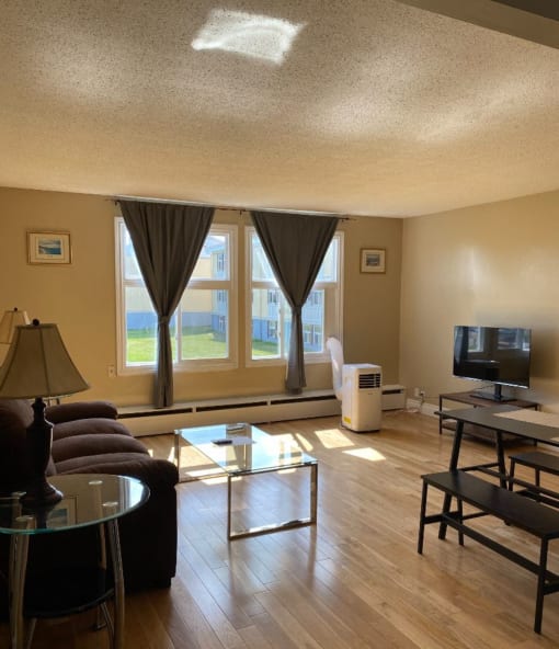 a living room with a couch and a table and a television