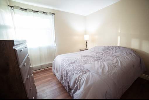 A bed with a white comforter and a lamp on a side table.