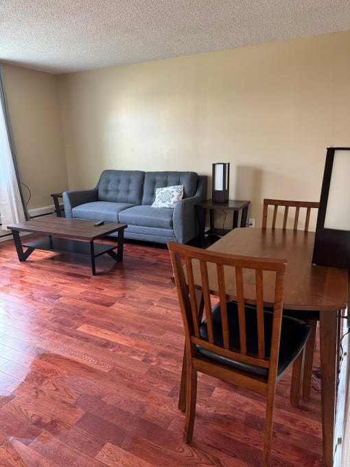 a living room with a dining room table and a couch