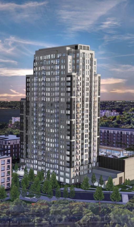 a rendering of a tall apartment building in the city