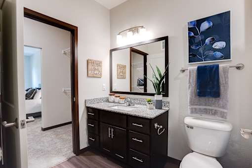 full bathroom with connection to walk-in closet and bedroom at Lake Jonathan Flats, Chaska, MN, 55318