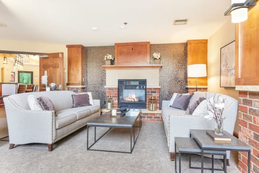 a living room with couches and a fireplace